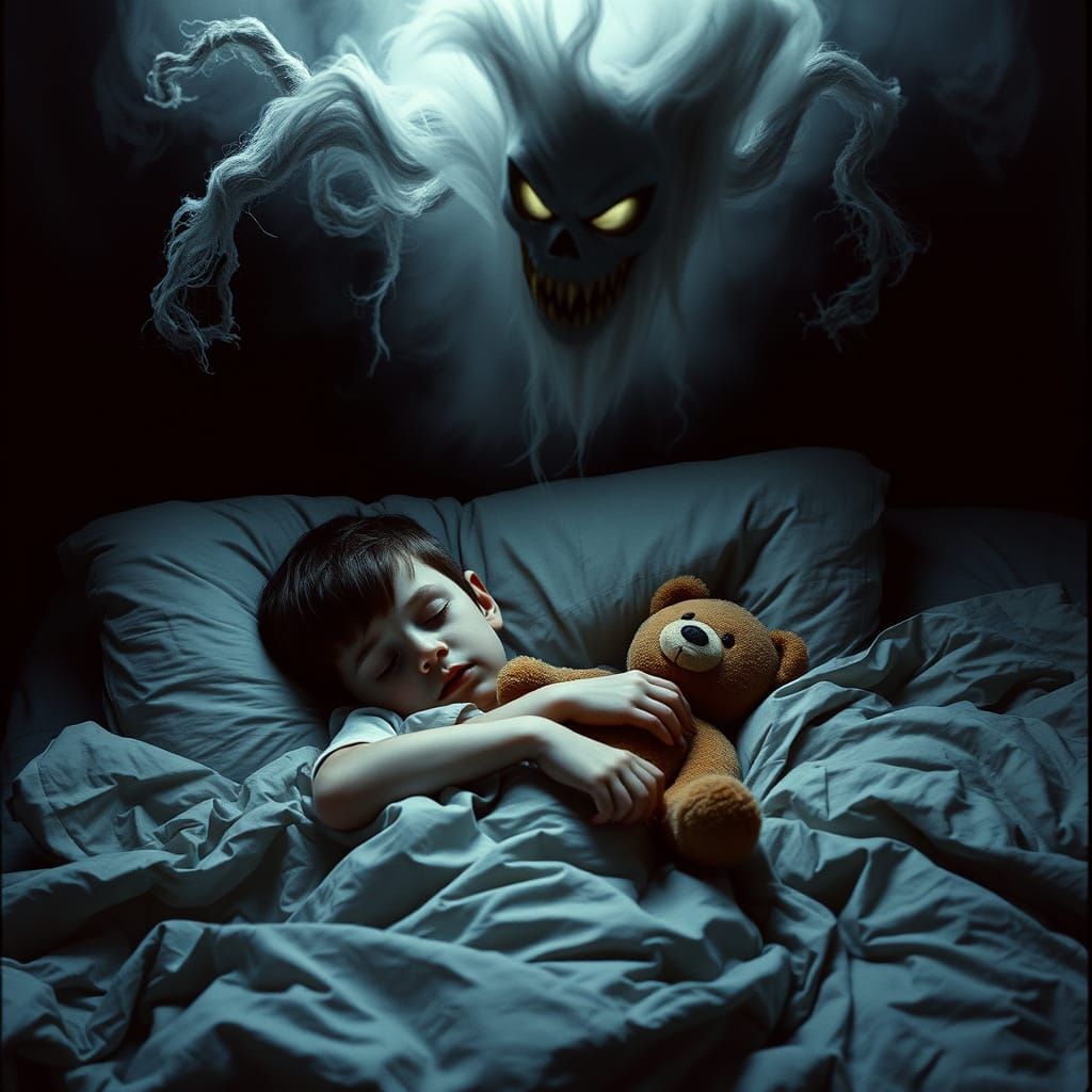 Eerie Slumbering Boy Haunted by Dark Specter