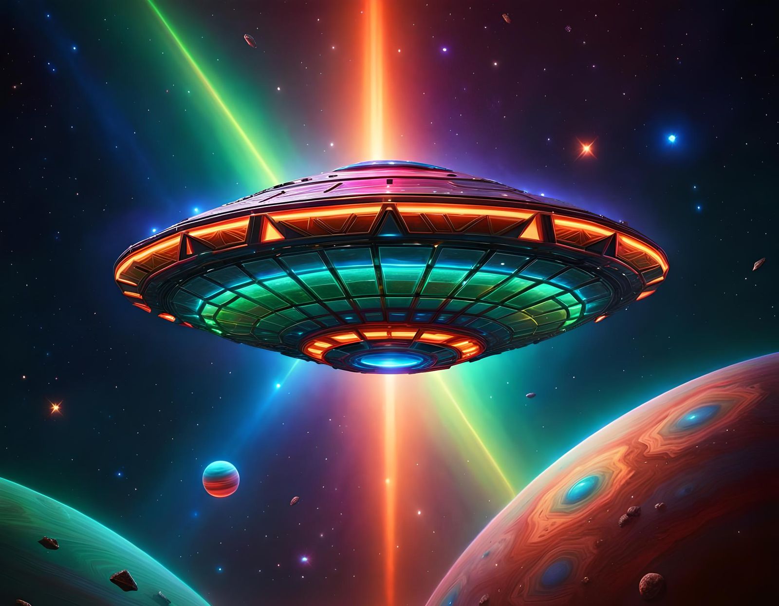 Photorealistic UFO Over Jupiter in Metallic Neon