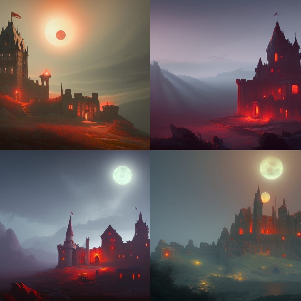 Abandoned Castle Under Blood Moon, Hyperdetailed Art