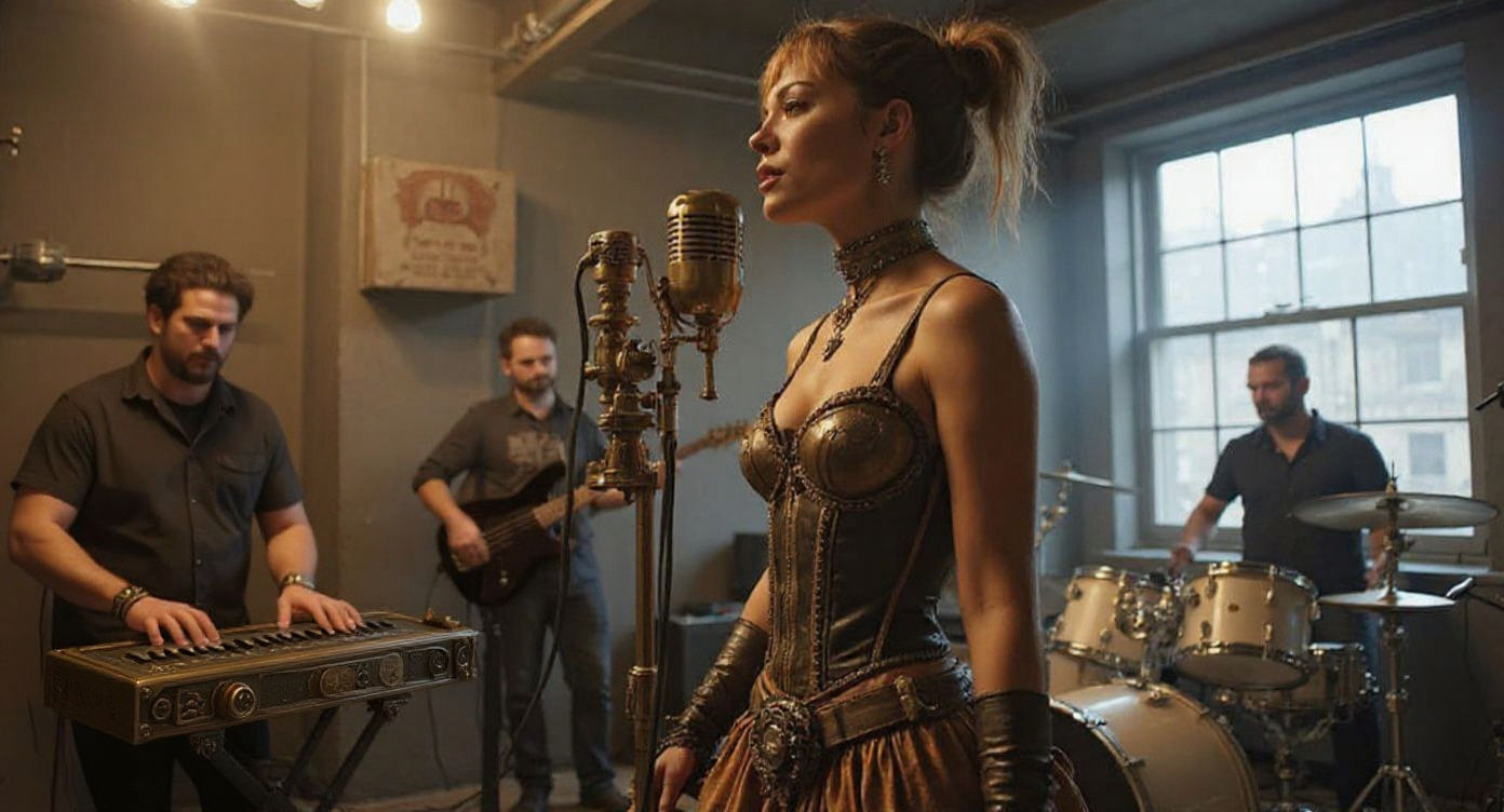 Steampunk Band Performance in Photorealistic Style