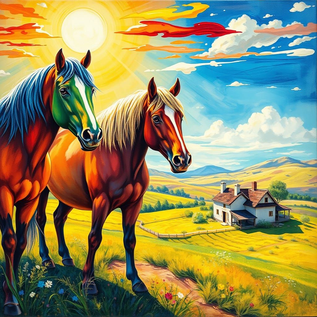 Vibrant Gouache Farmhouse Scene with Horses in Expressive Im...