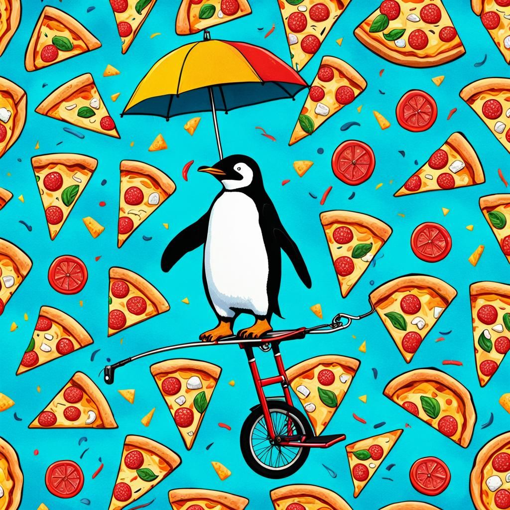 Penguin Unicyclist Balancing Pizza on Tightrope