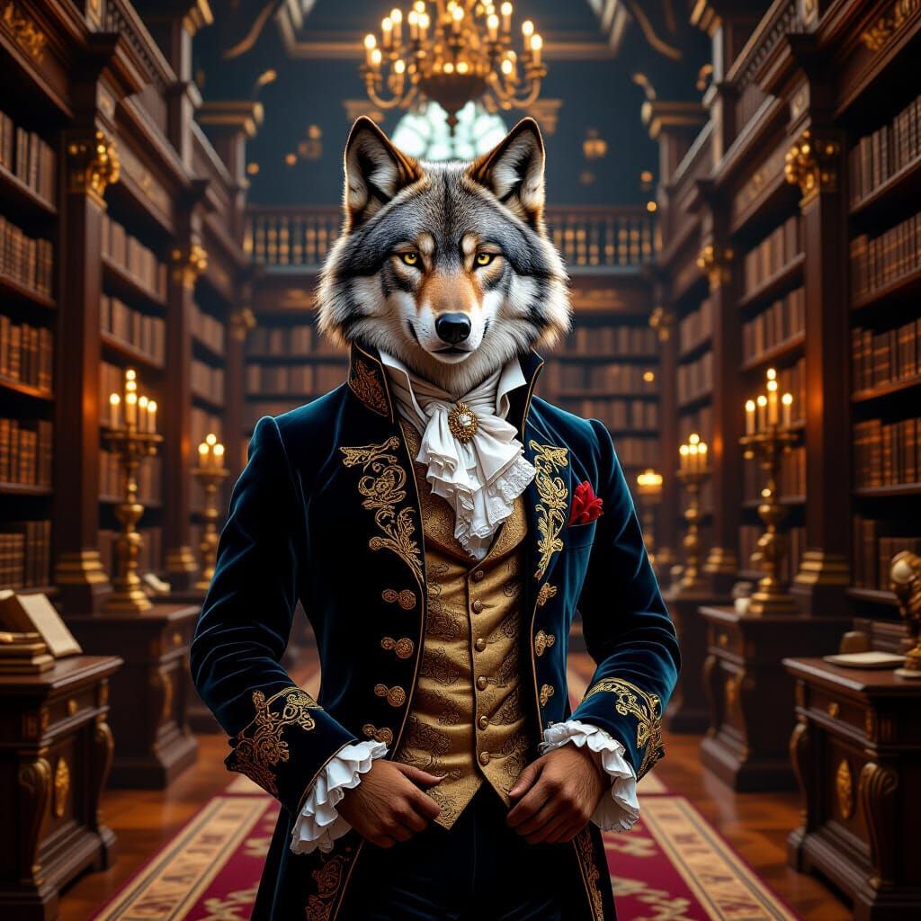 Anthropomorphic Wolf in Baroque Library, Rococo Style