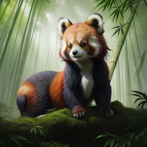 Curious Red Panda in Mystical Bamboo Forest