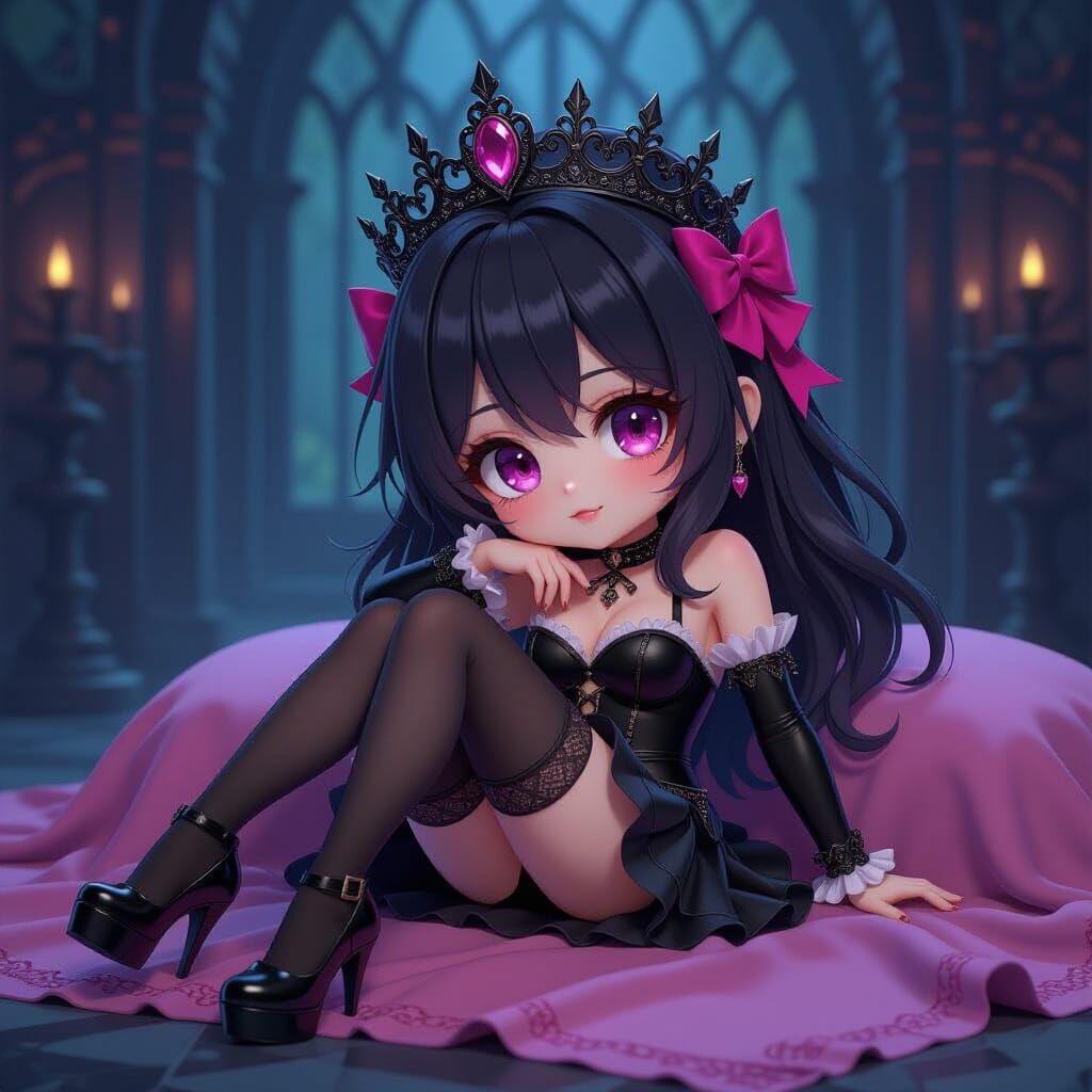 Chibi Girl in Gothic Victorian Setting with Fuchsia Eyes
