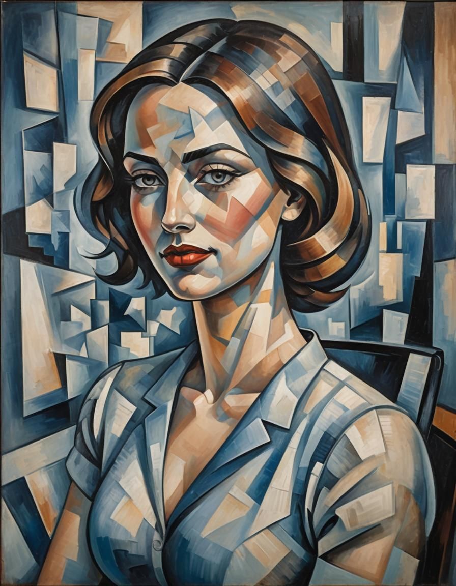 Cubist Woman Portrait in Blue Tones