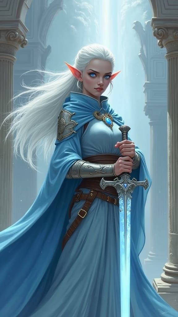 Half-Elf Cleric with Celestial Sword in Dark Fantasy Style