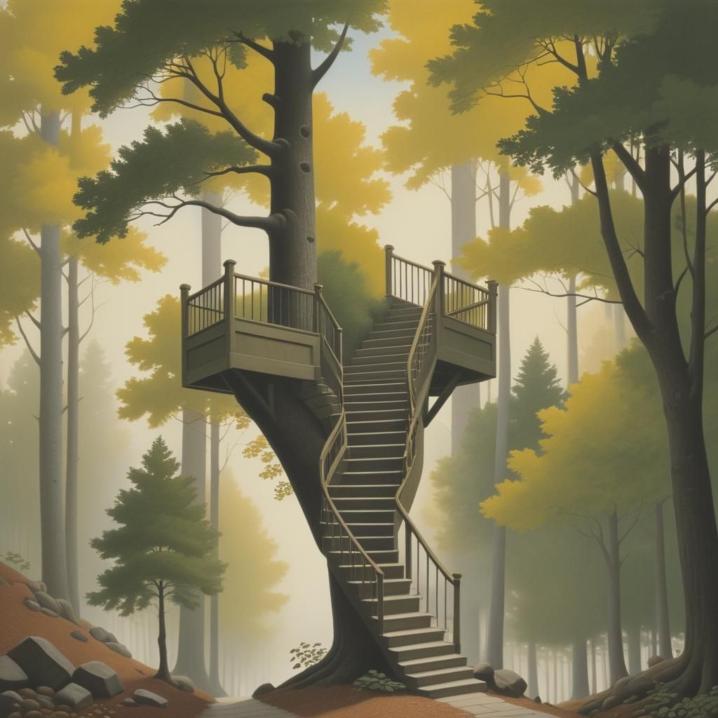 Stairs Ascend a Tree in Forest, Van Allsburg Style