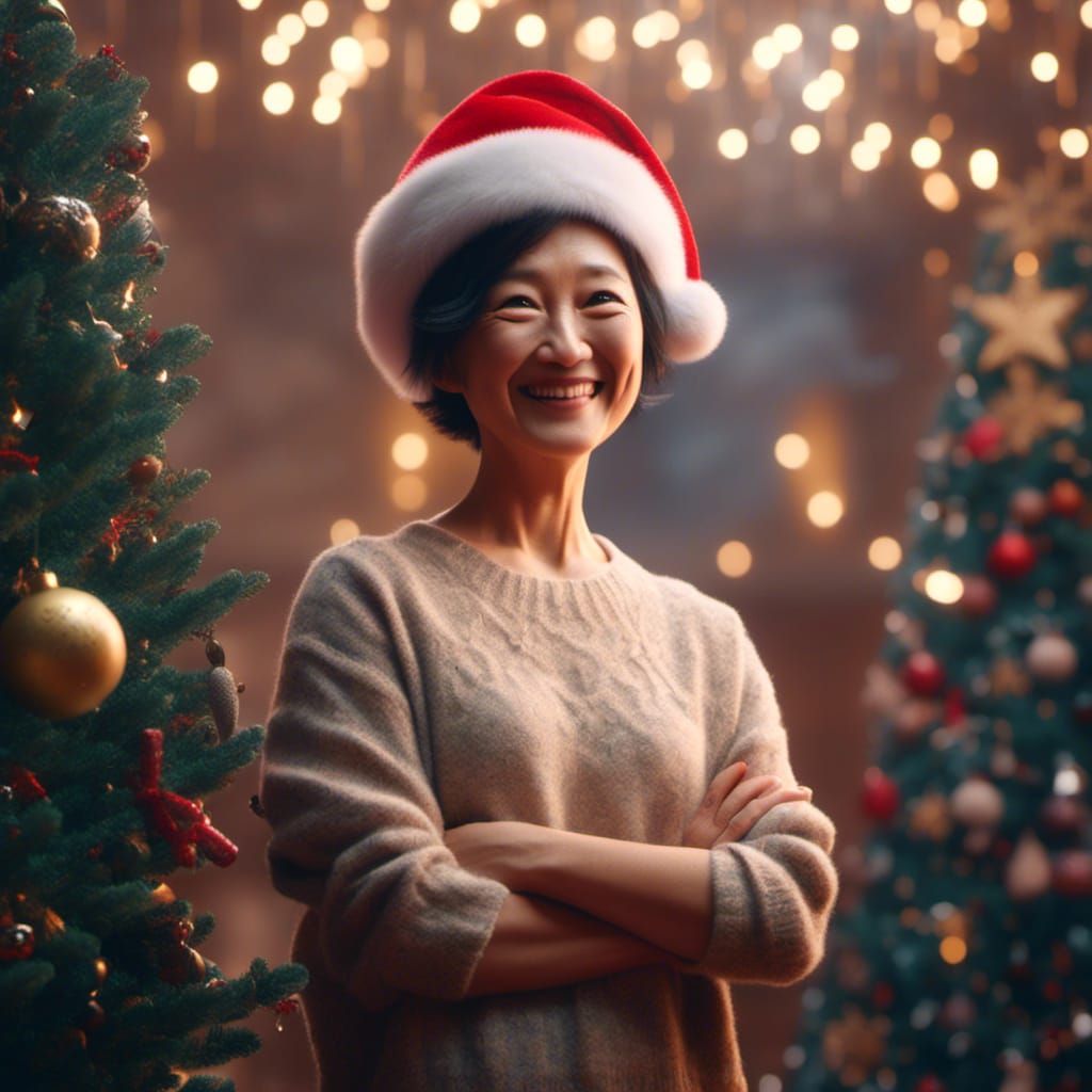 Festive Asian Woman in Christmas Hat, Detailed Painting