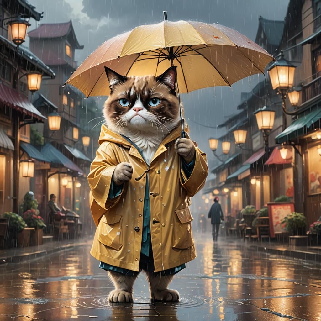 Grumpy Cat in Rain: Ethereal Anime Oil Painting