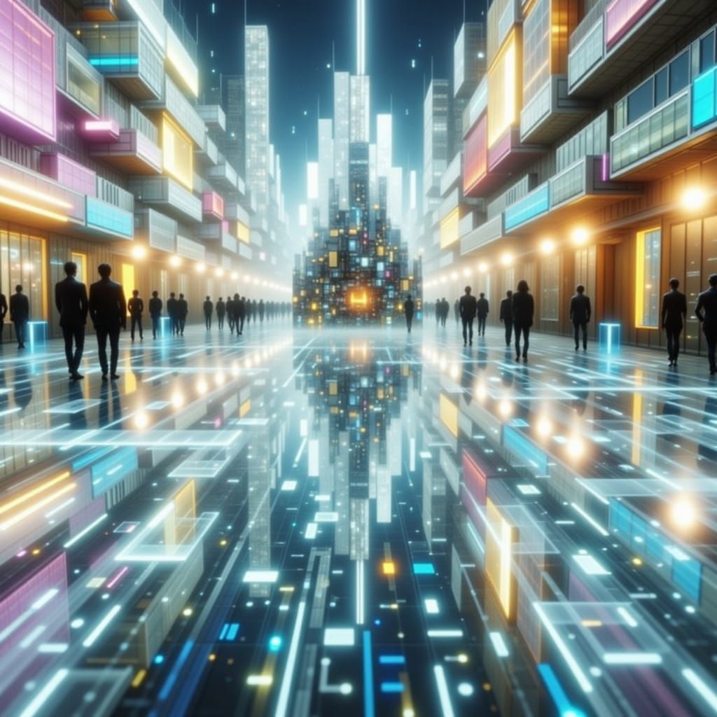 Nighttime cityscape of Geometrical shaped buildings, digital...