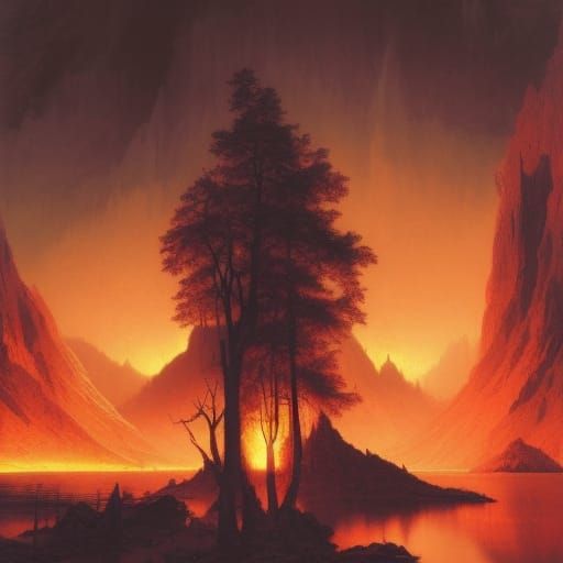 Glowing Fire Lake with Dark Mountains