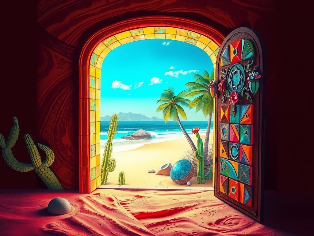 Door in the desert to a paradise beach