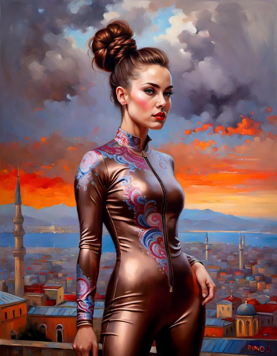 Woman in Bronze Catsuit, Istanbul Backdrop, Oil Painting