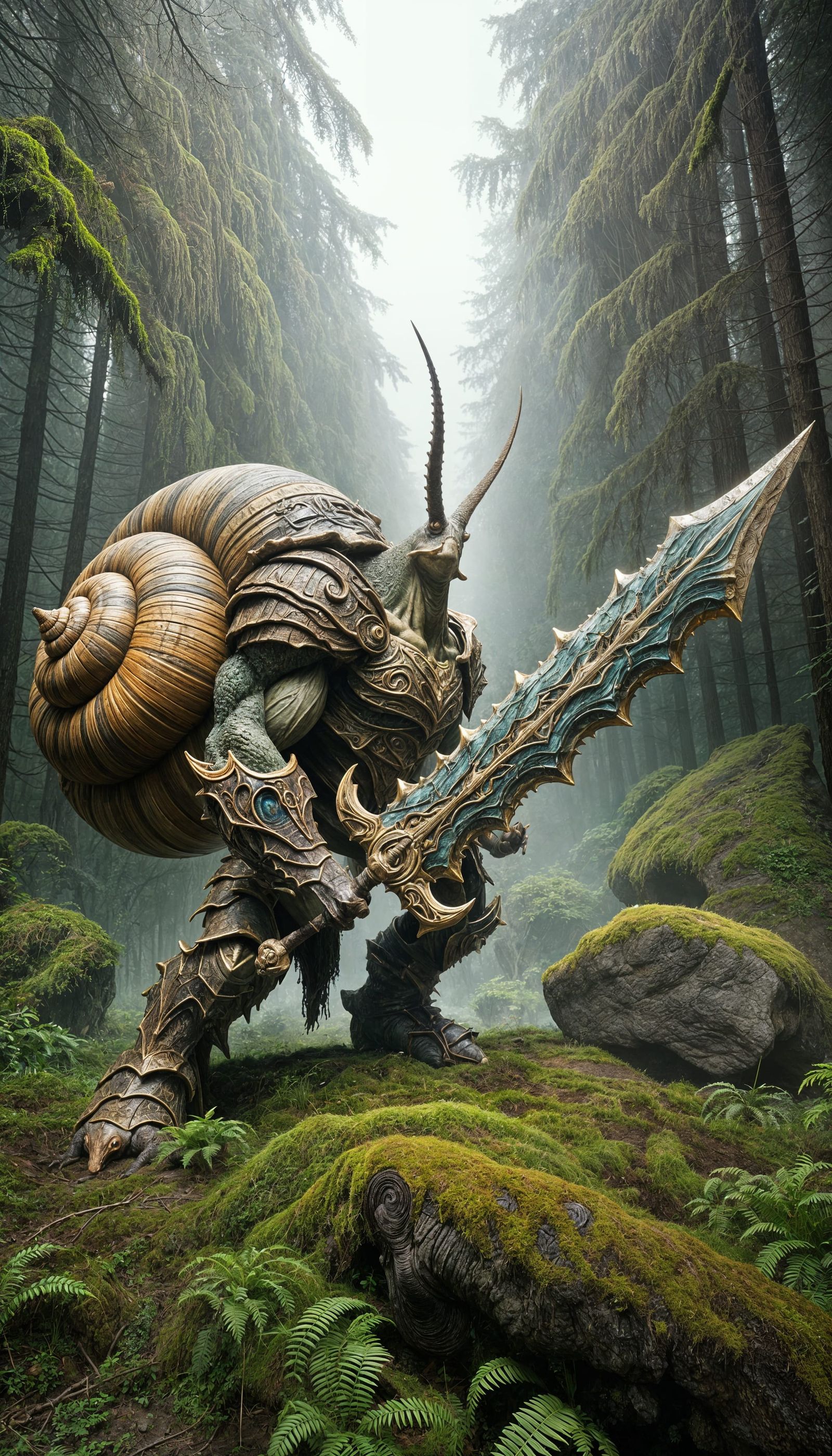 Anthropomorphic Snail Barbarian in Foggy Swamp