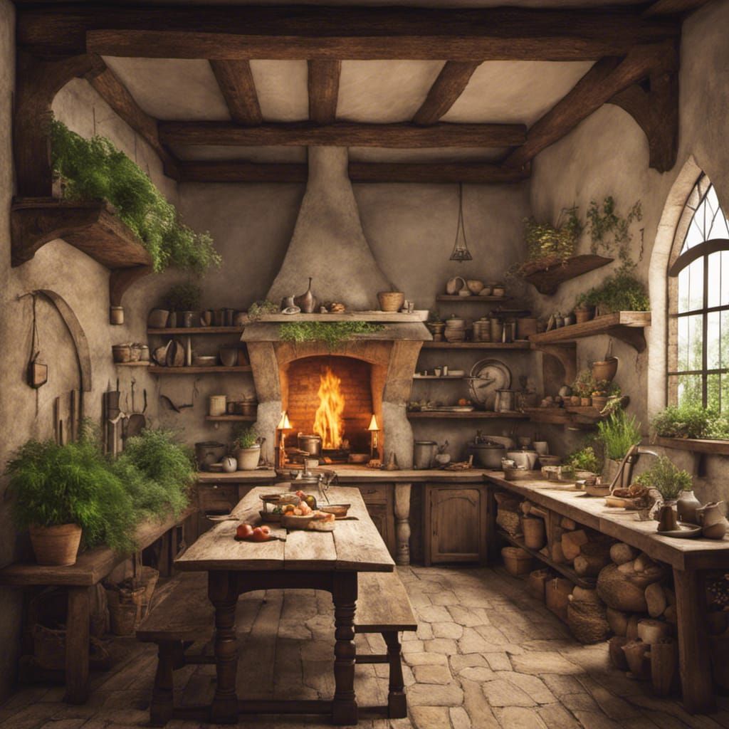 Medieval Kitchen with Fireplace and Herb Table