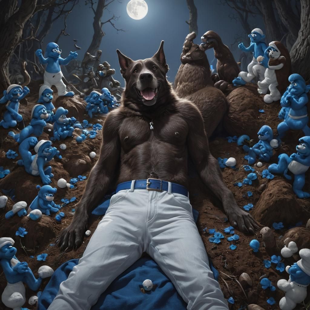 Dog Surrounded by Smurfs in Dark Fantasy Style