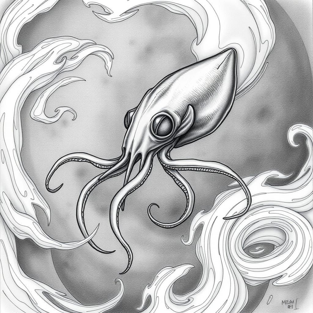 Surreal Charcoal Study of a Baby Squid in Motion