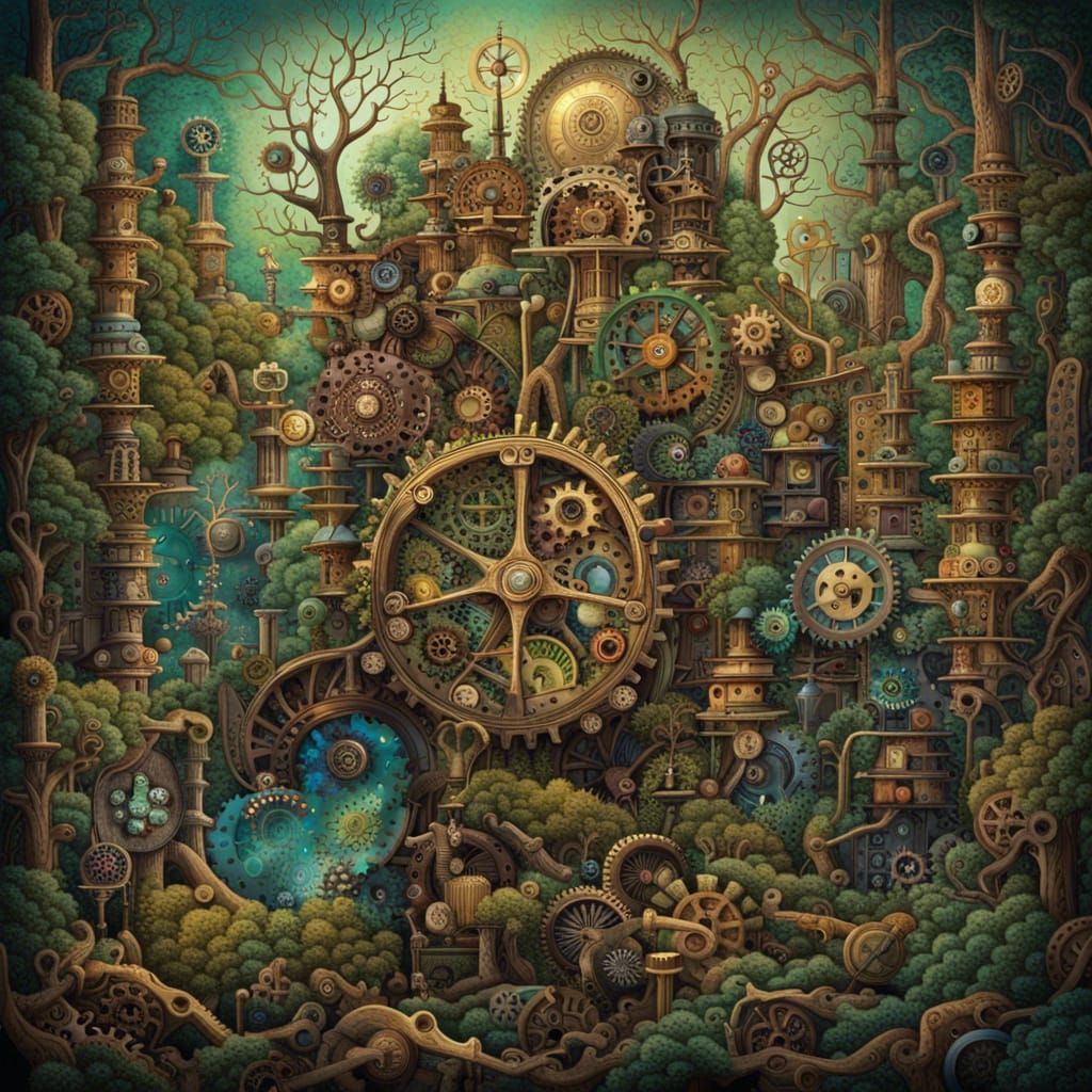 Clockwork Forest: A Colorful Surrealist Vision
