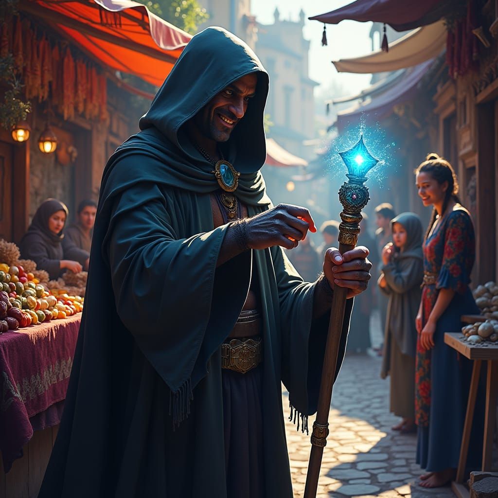 Mysterious Hooded Figure at Market Stall, Fantasy Art
