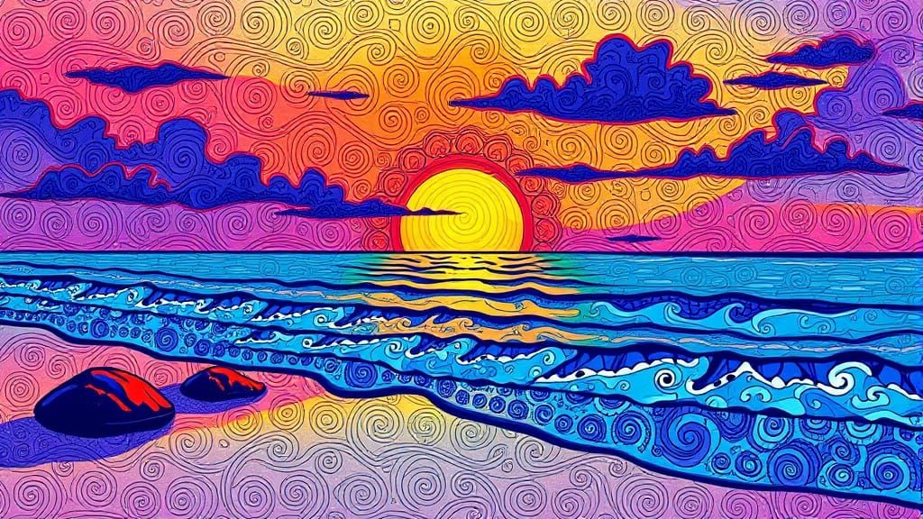 Vibrant Sunset Beach Zentangle