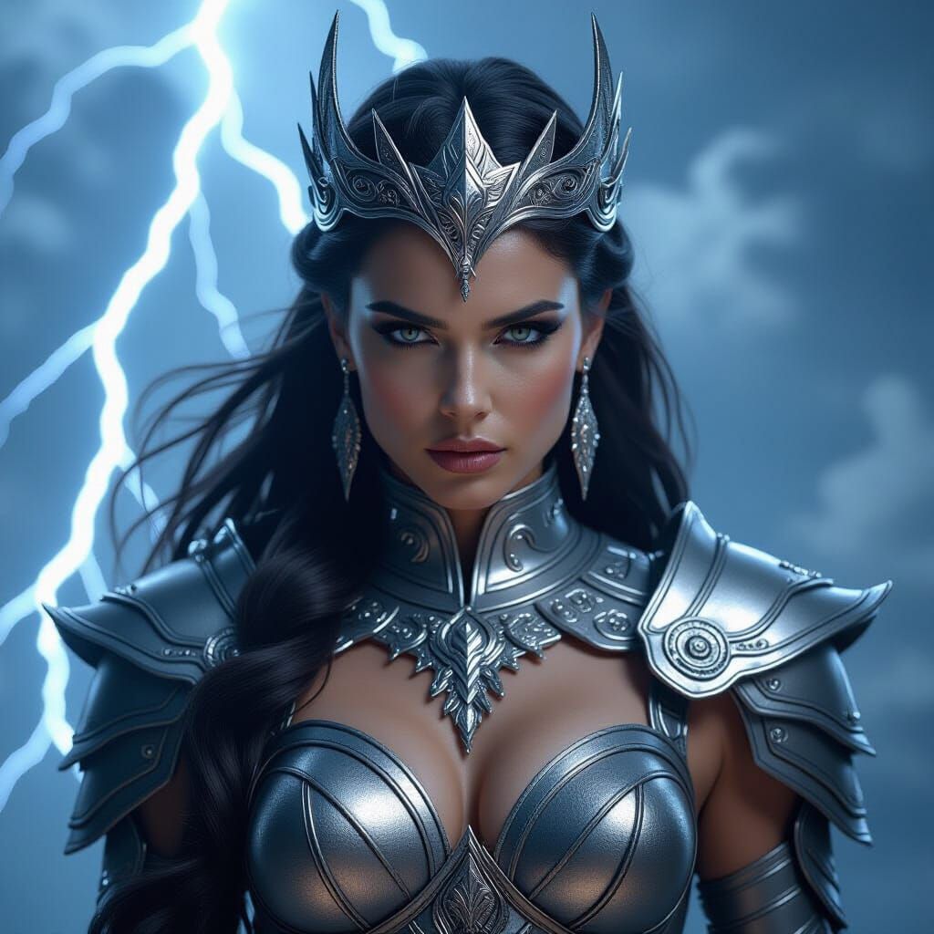 Powerful Queen in Silver Armor Amidst Lightning Storm