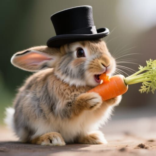 Hyperrealistic Rabbit in Top Hat Eats Carrot