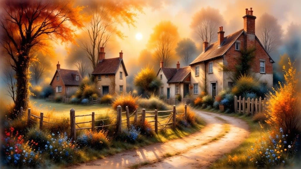English Village Sunset in Modern Ink Painting Style