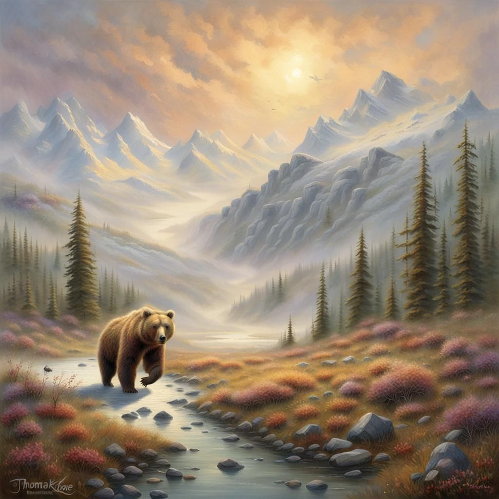 Alaskan Brown Bear on Tundra in Ethereal Style