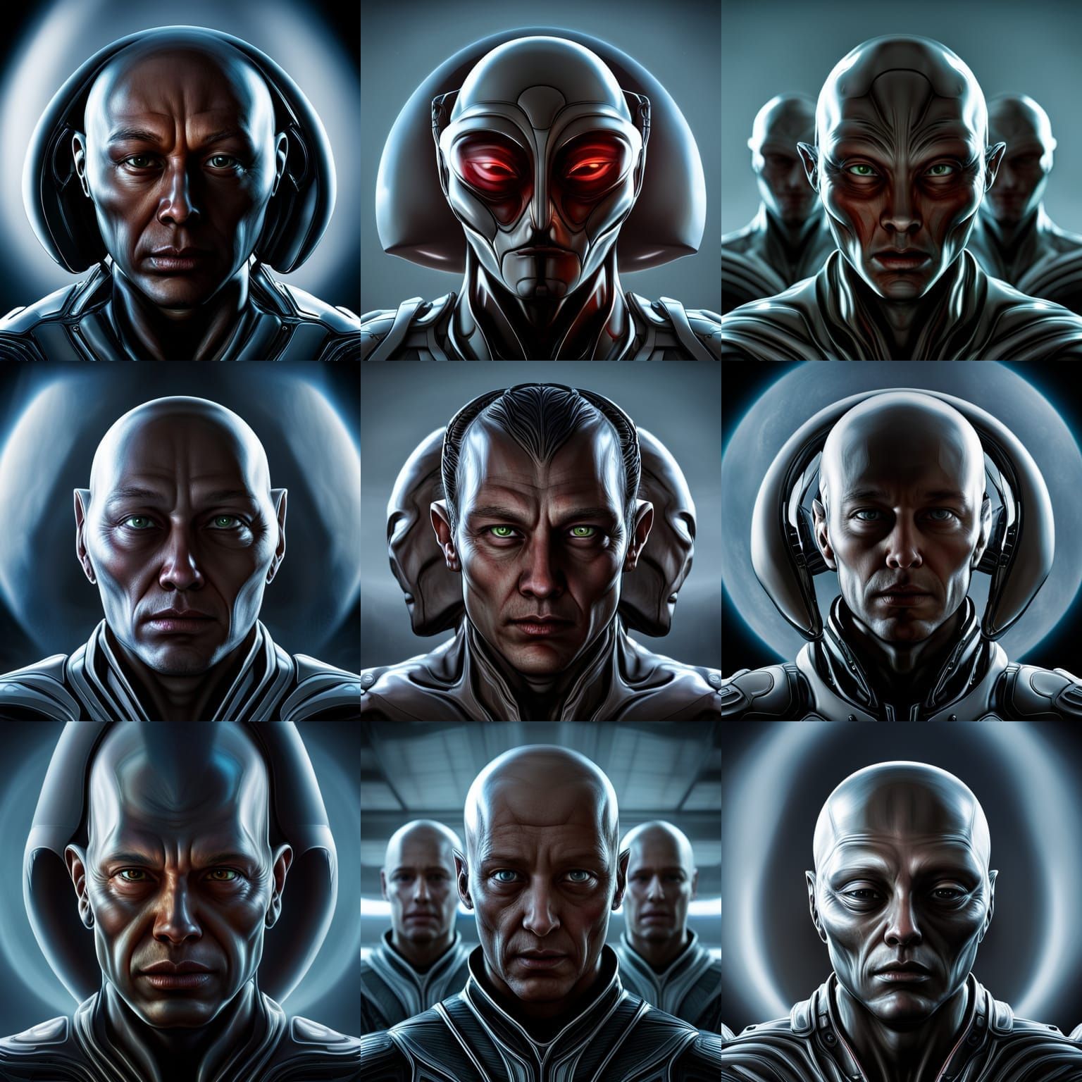 Retro-Cosmic Alien Humanoids in Hyperrealistic Style