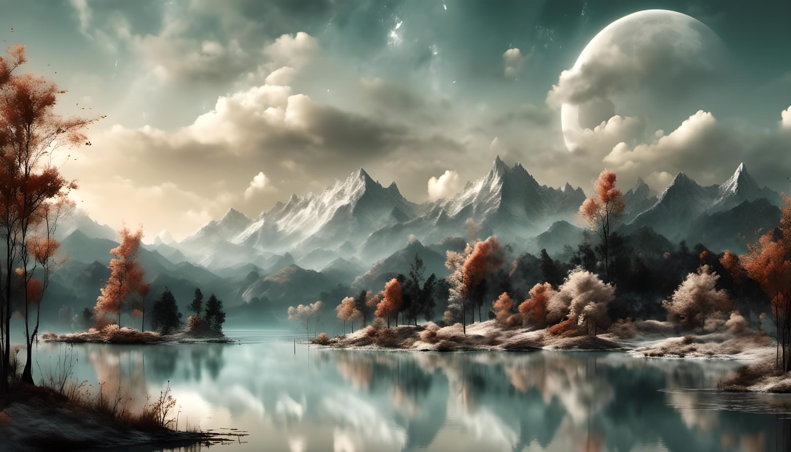 an lake landscape in a moonlit sky