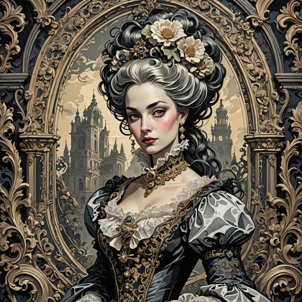 Rococo Gothic Lady: Comic Noir Expressionism Masterpiece