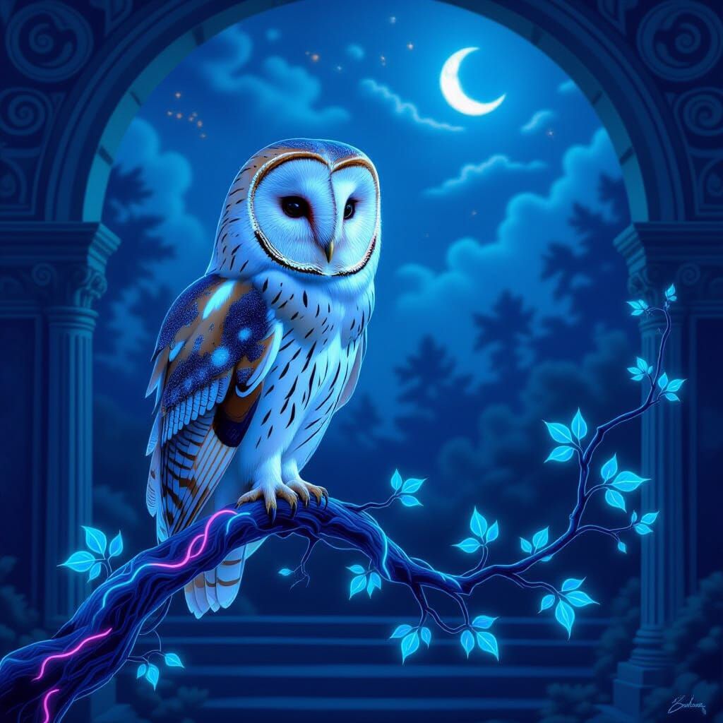 Regal Owl Sings Solo in Neon Amphitheater