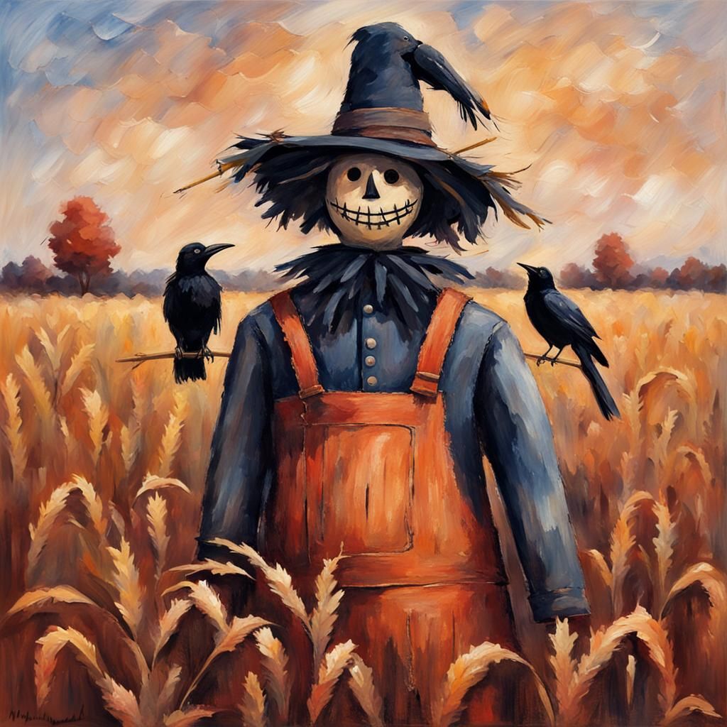 Impressionistic Scarecrow with Crow in Autumn Cornfield
