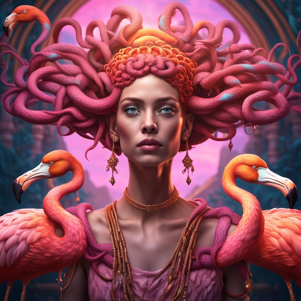Medusa with Flamingo Heads: Fantasy Concept Art