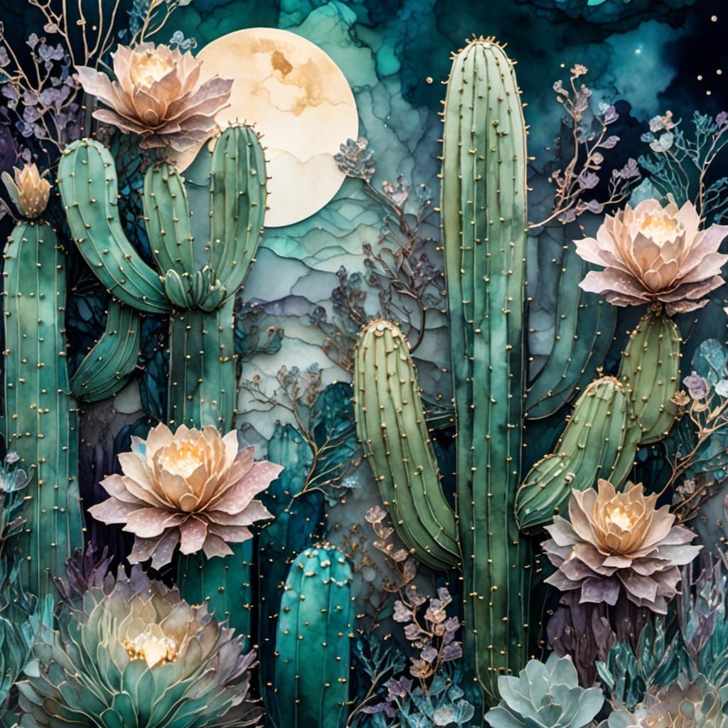Moonlit Desert Cactus with Papercut Flowers in Digital Art