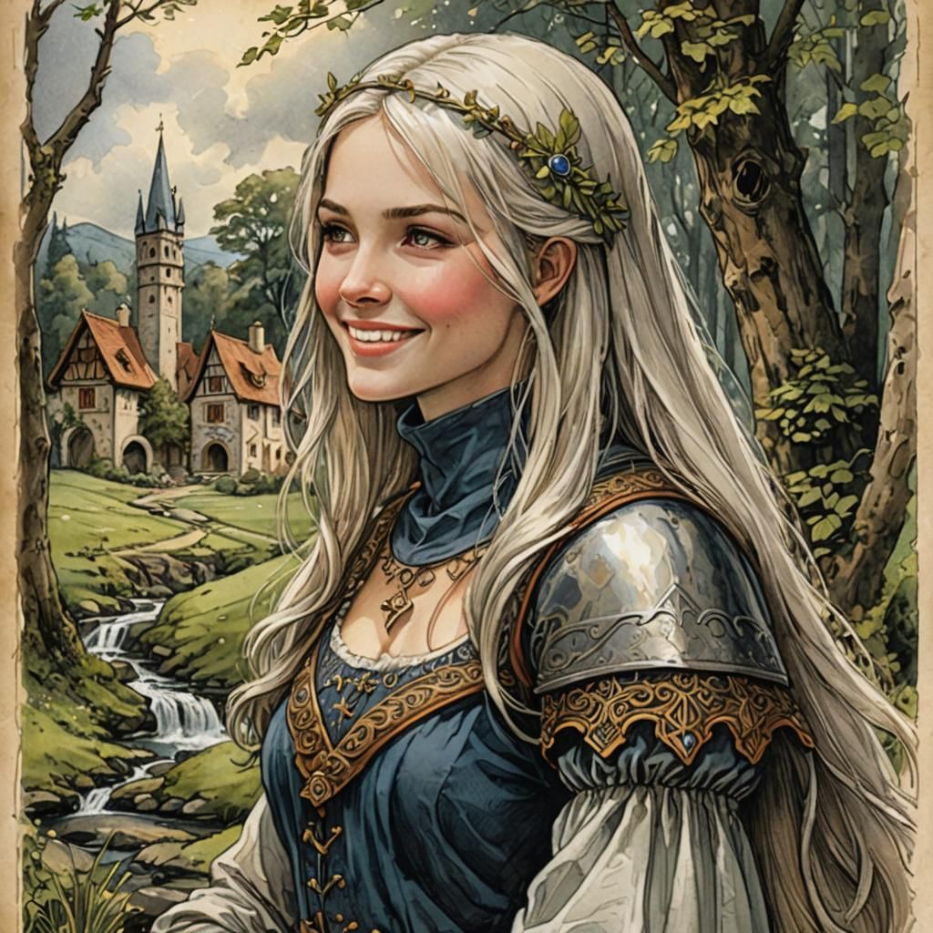 Whimsical Medieval Maiden Amidst Vibrant Fantasy Landscape