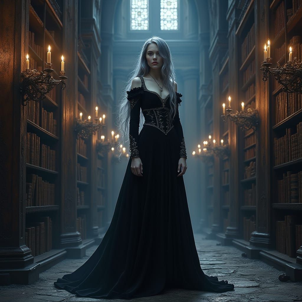 Gothic Woman in a Labyrinthine Library
