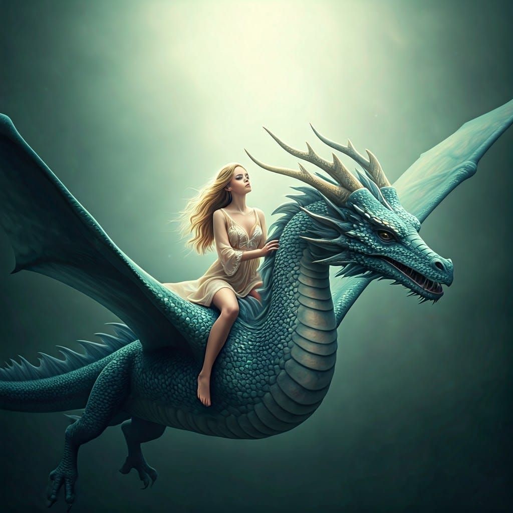 Maiden on Dragon in Dreamlike Surrealist Realm
