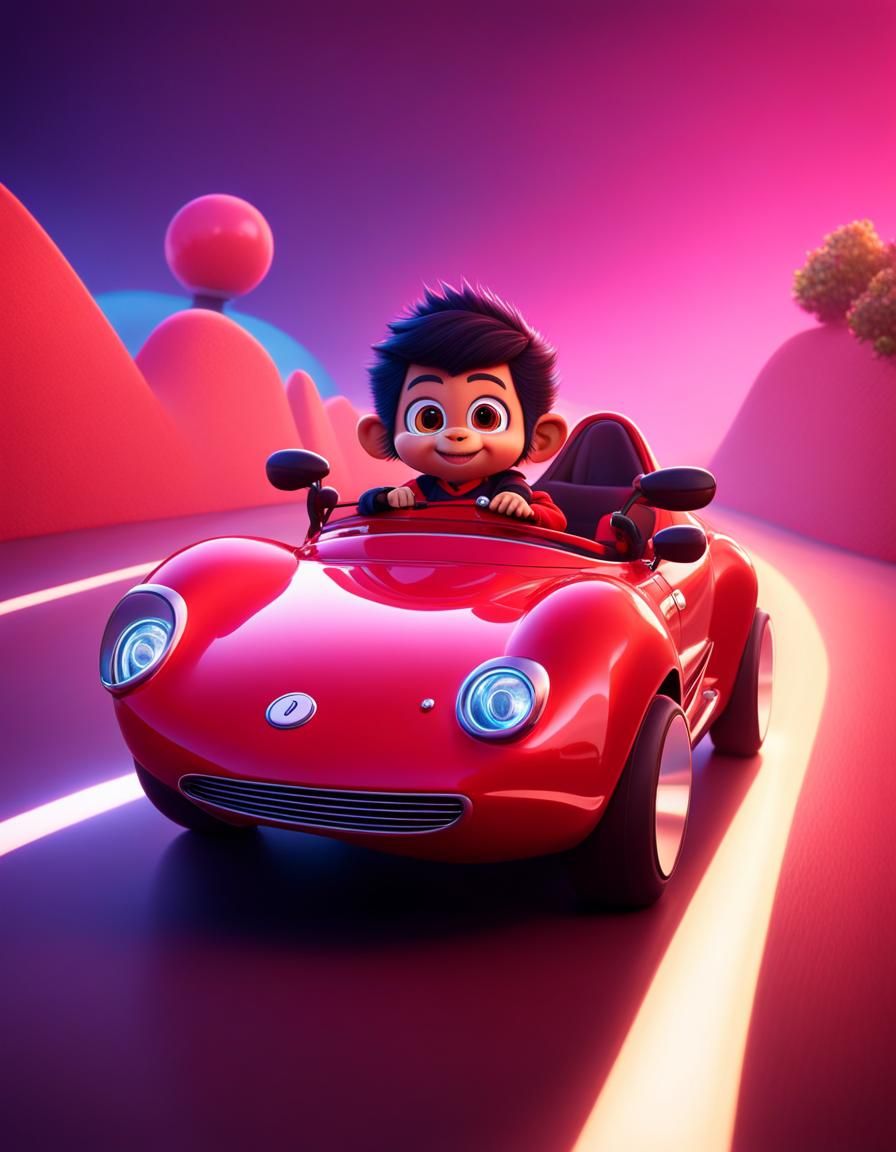 Monchichi in Sports Car: Pixar-Style 3D Rendering