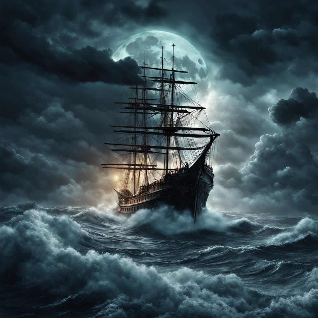Ship in Stormy Sea Under Full Moon, Dark Fantasy Art