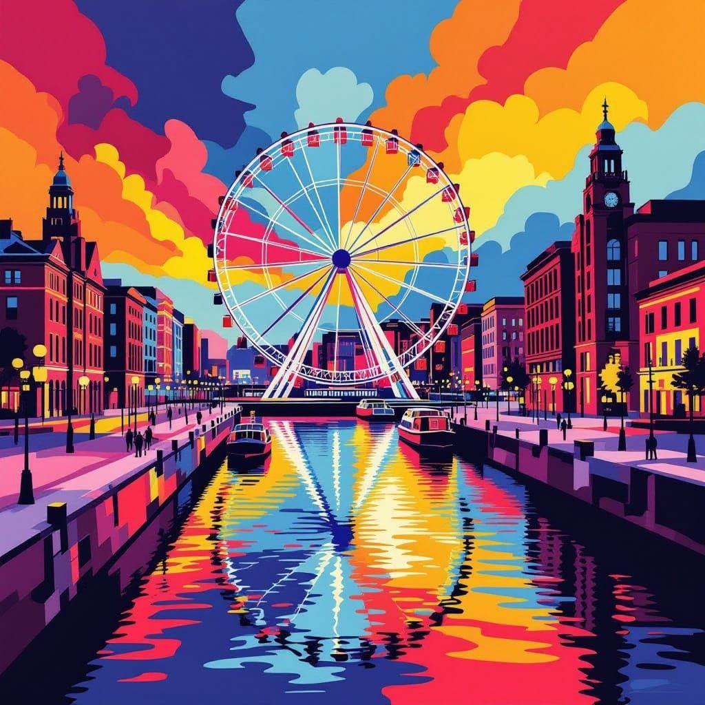 Geometric Albert Dock Ferris Wheel in Bold Block Colors