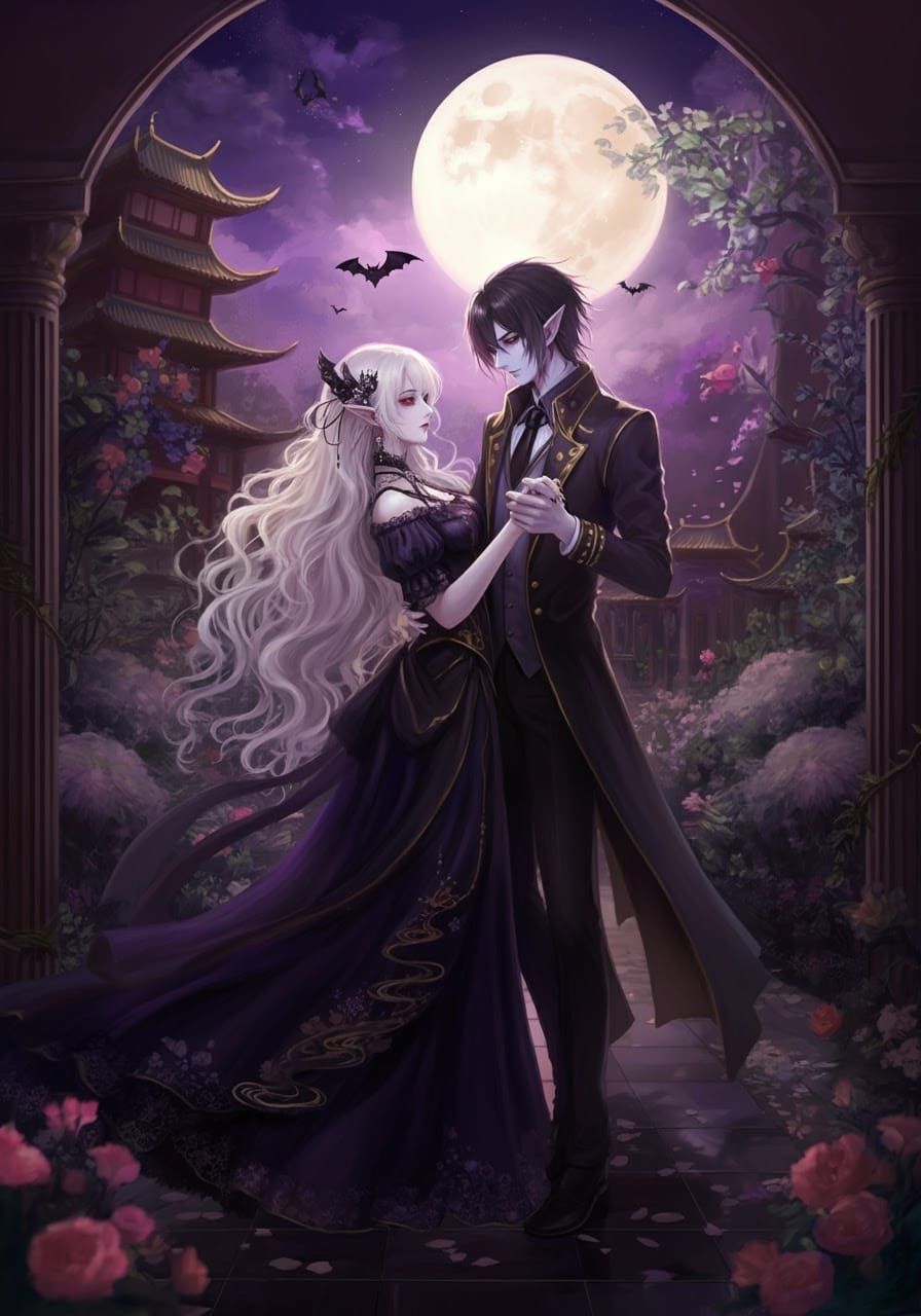 Ethereal Vampire Lovers Dance in Gothic Garden