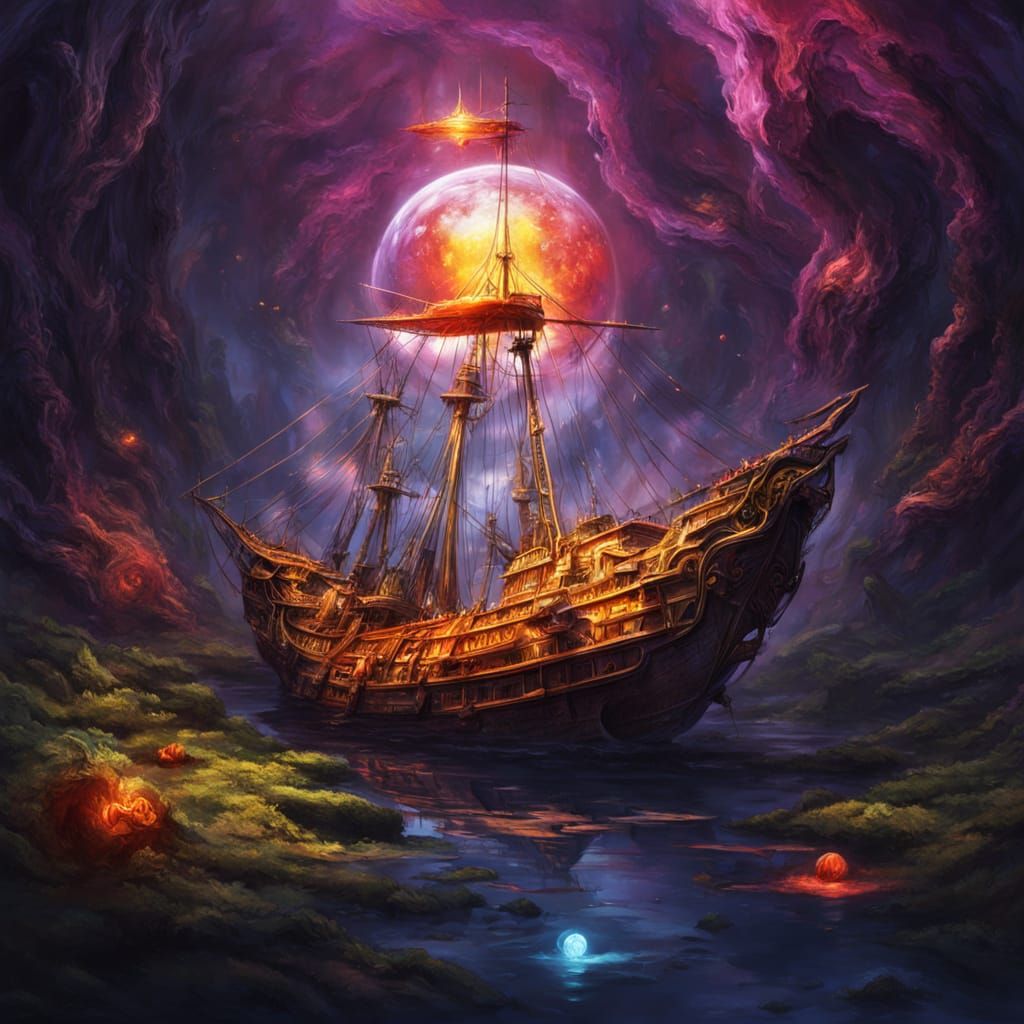 Surreal Glass Ship Among Roots with Twin Suns