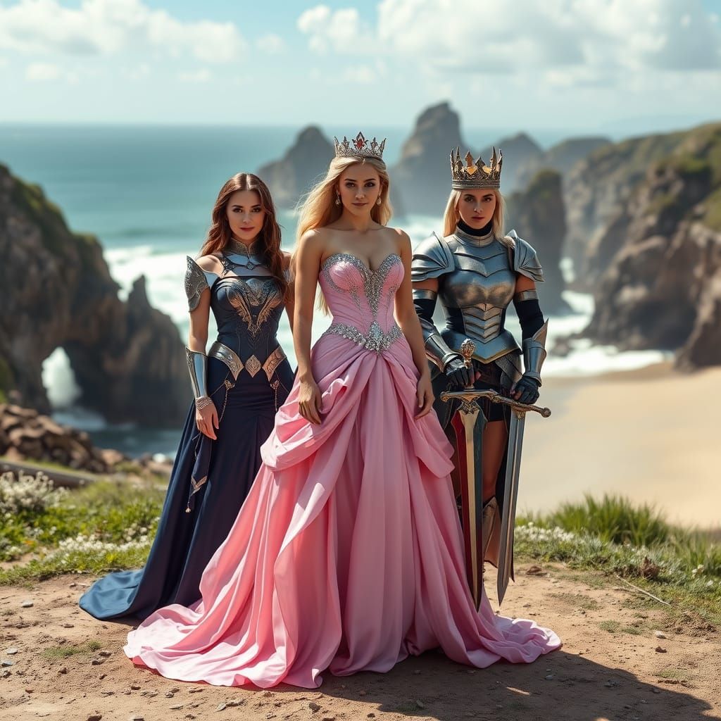Elegant Goddesses in Regal Attire Pose on Cliffside Beach