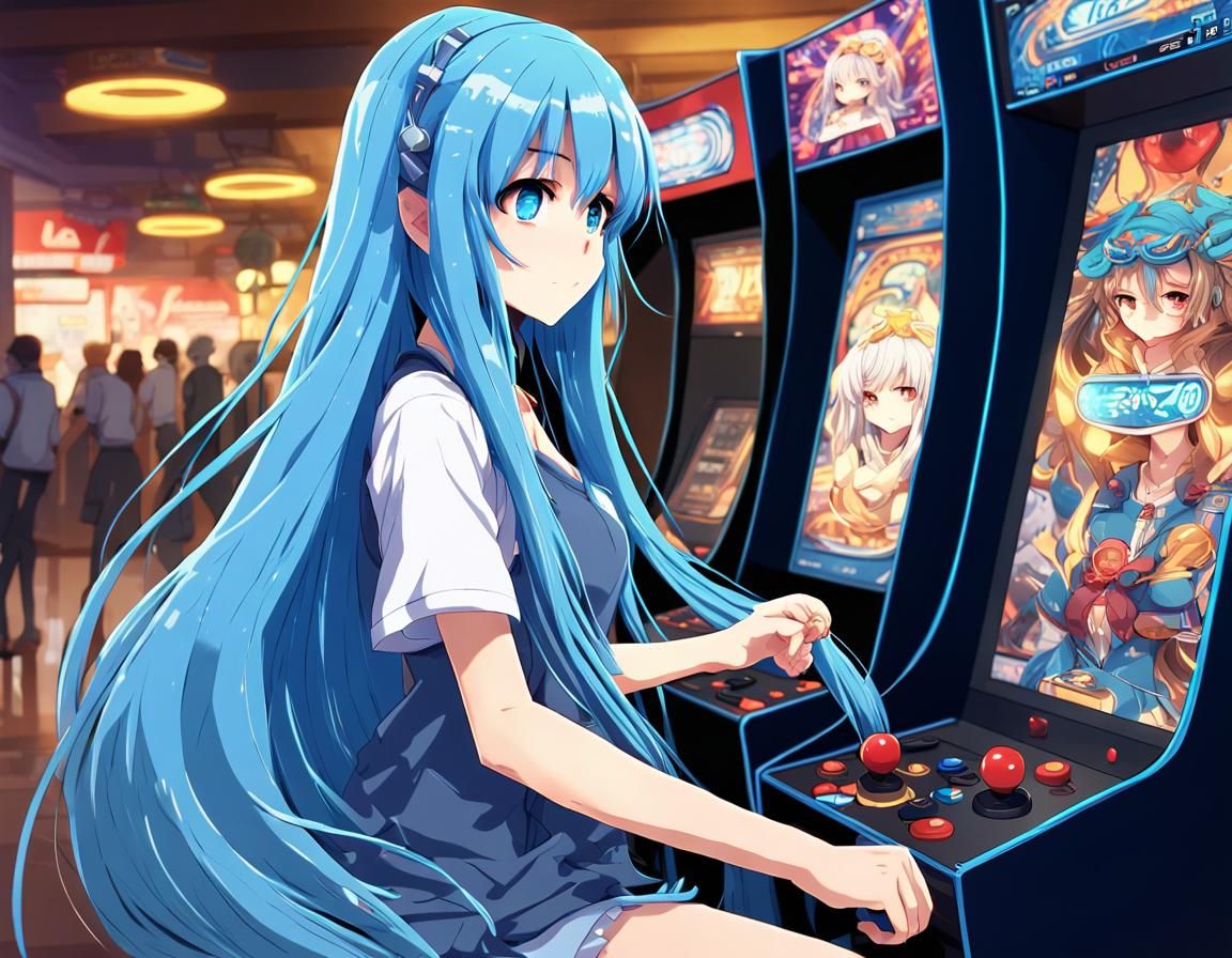 Anime Girl at Arcade in Manga Style
