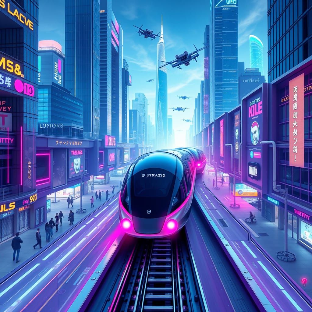 Futuristic Metropolis in Neon Blue and Purple Hues