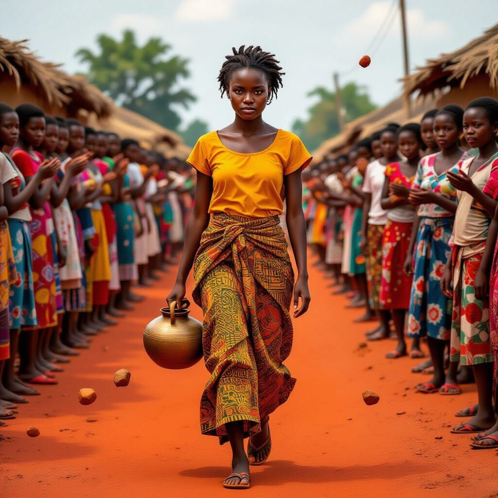 African Girl with Water Pot in Vibrant Realism Style