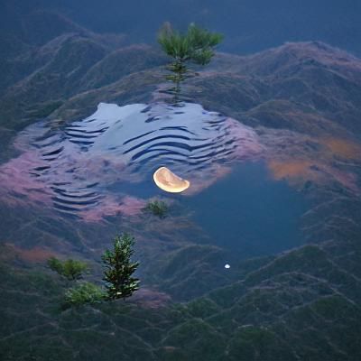 Moonlit Pond in the Mountains at Dusk
