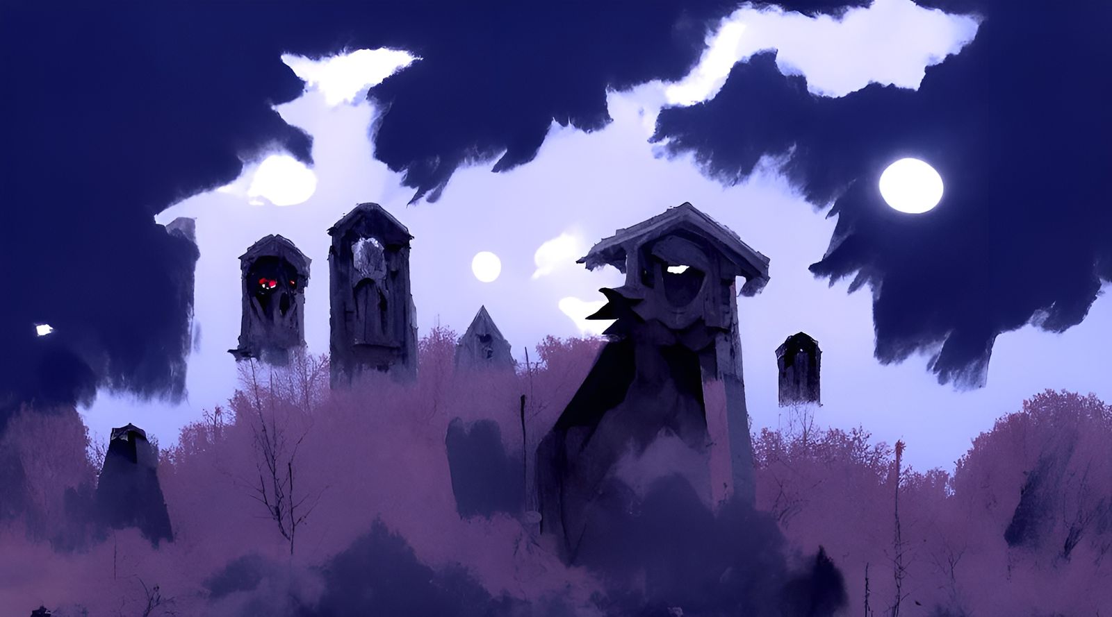 Creepy Graveyard with Haunted House and Moon